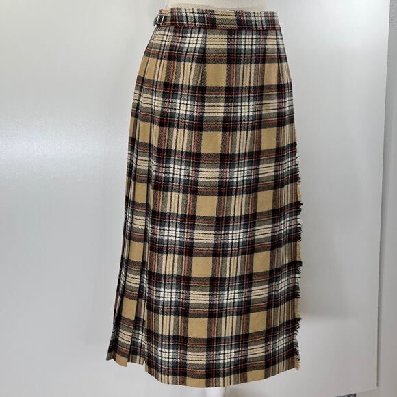 Vintage Plaid Tartan Irish Wool Midi Pleated Wrap Skirt Tan - Picture 4 of 8
